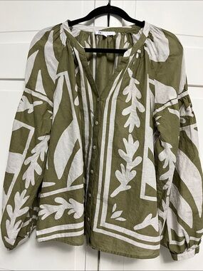 DR2 Olive & Cream Botanical Button-Front Blouse Size XL 100% Cotton